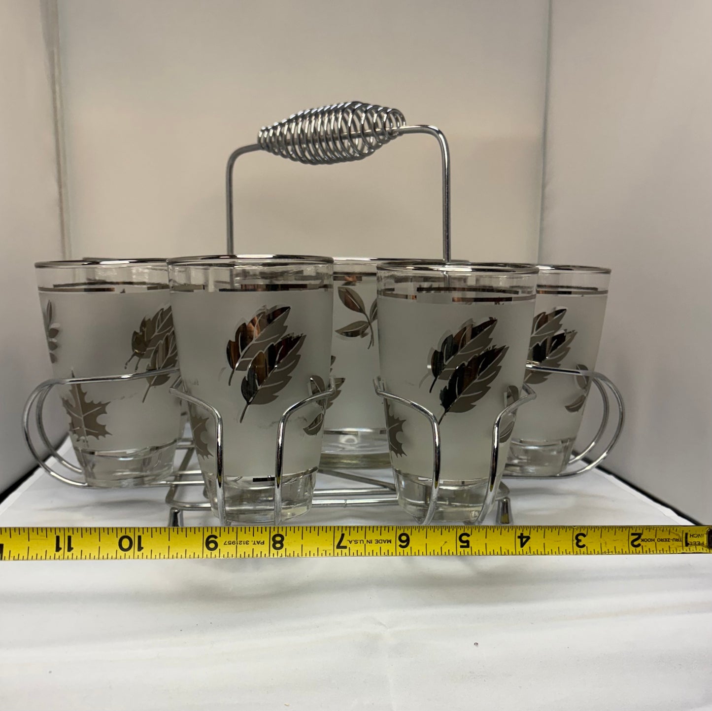 1960’s 10pc Mid-Century Modern Libbey Starlyte Frosted Silver Leaf Tumbler Glasses, Ice Bucket and Caddy