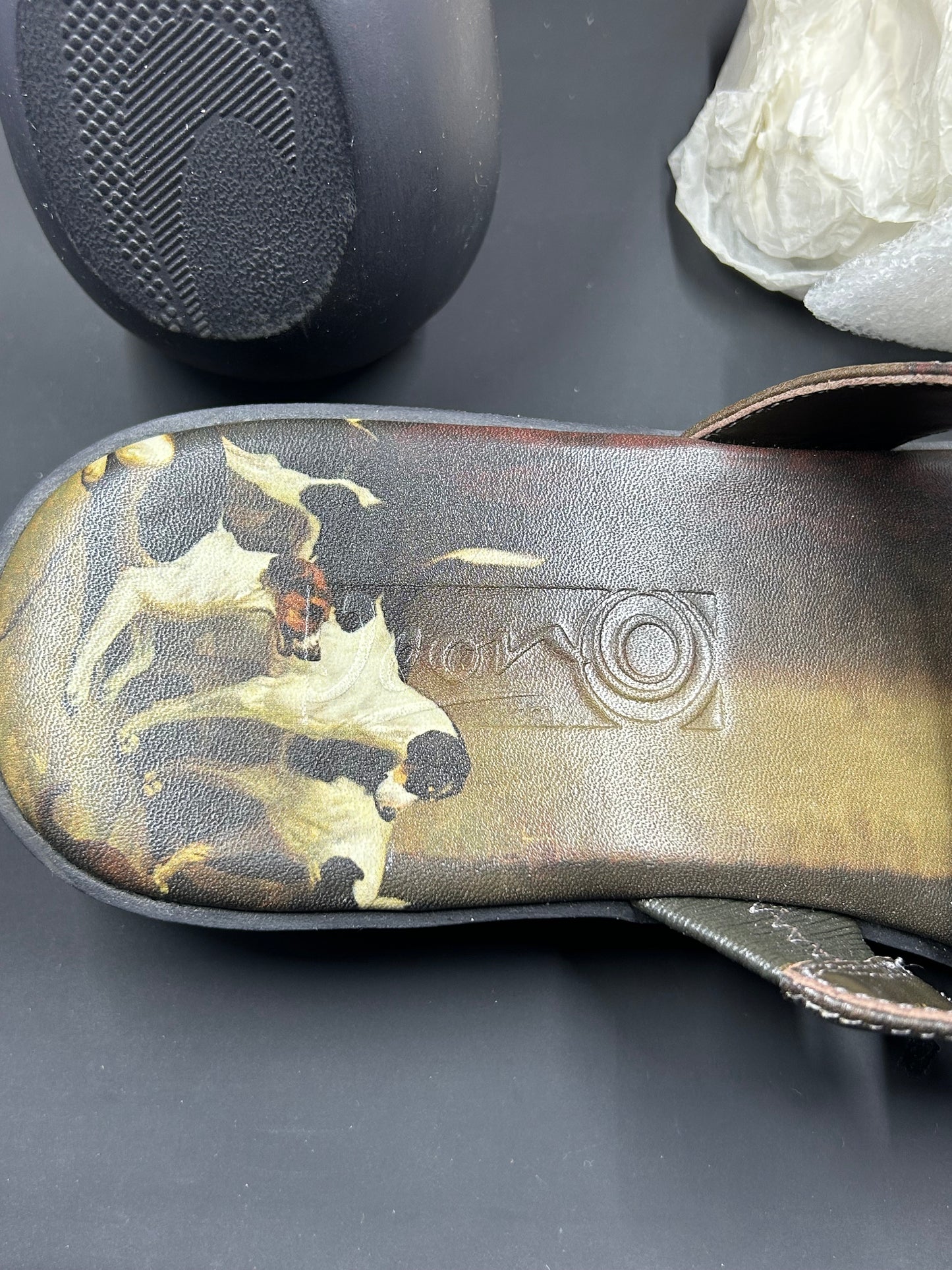 ICON Women’s Wearable Art Puckeridge Foxhounds Dog Print Low Heel Slide Leather Sandals