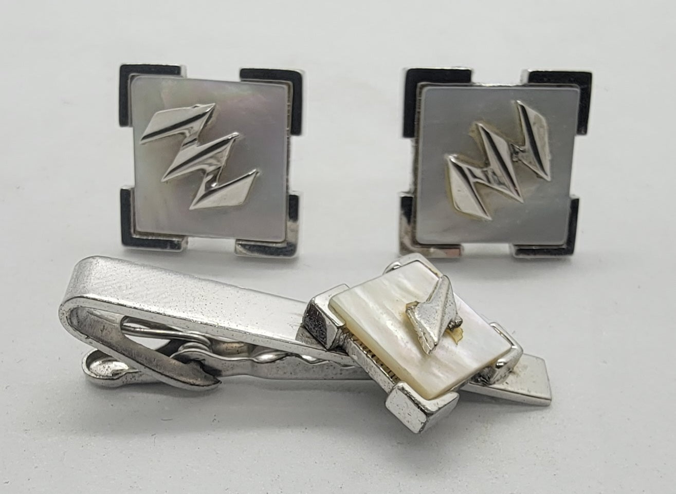 Silver Cufflinks And Tie Clip Set