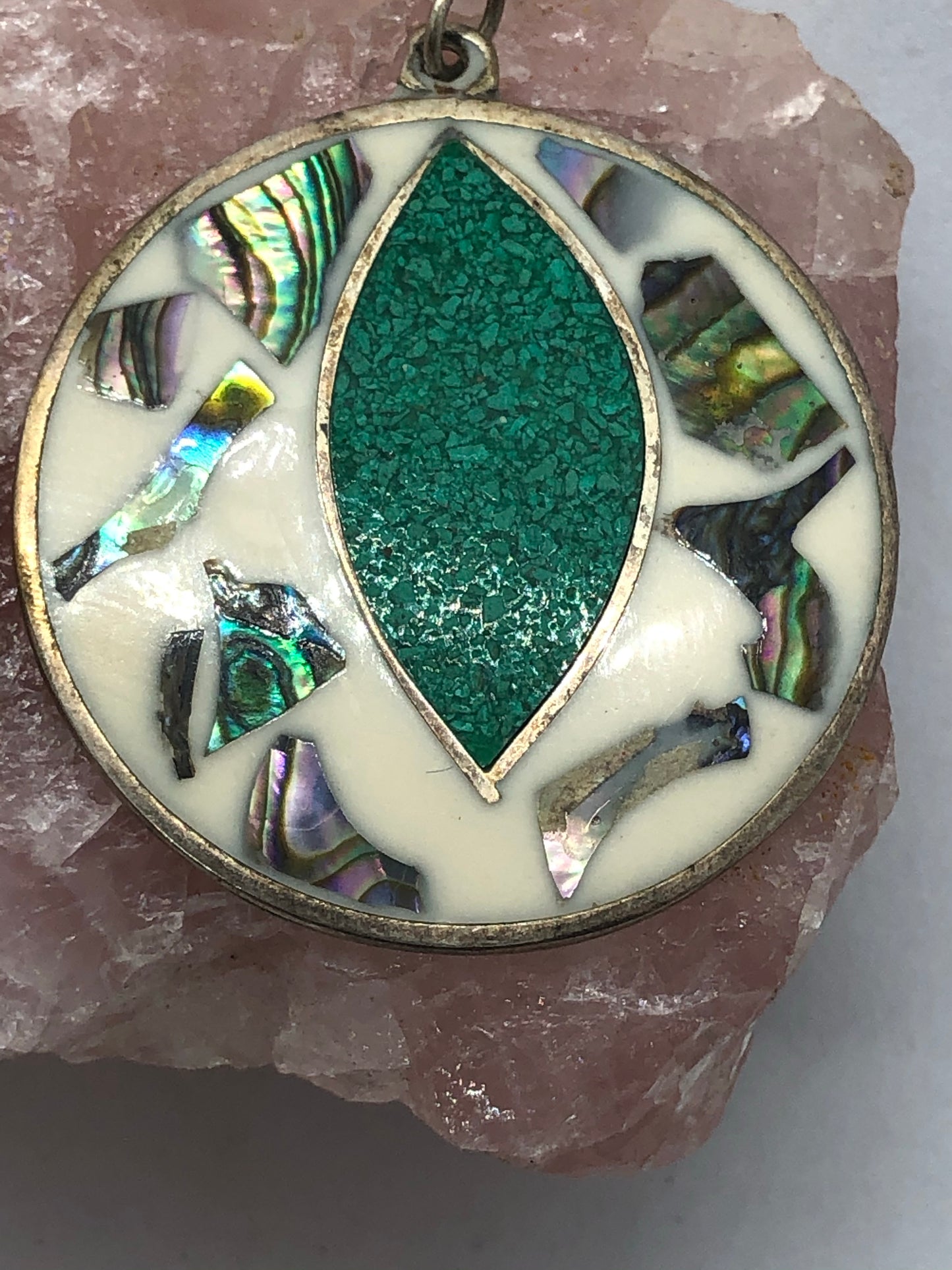 Vintage Silver Malachite & Abalone Mexico Inlaid Round Dangle Earrings