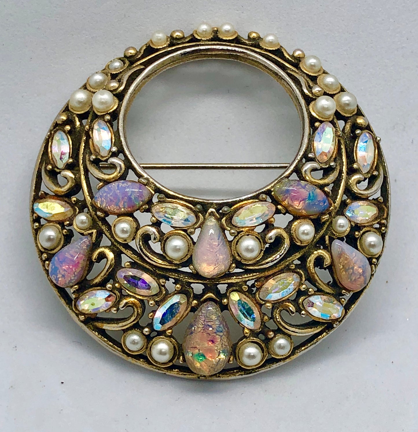 Vintage Signed Hollycraft Faux Pearl & Fire Opal Rhinestone Brooch Pin