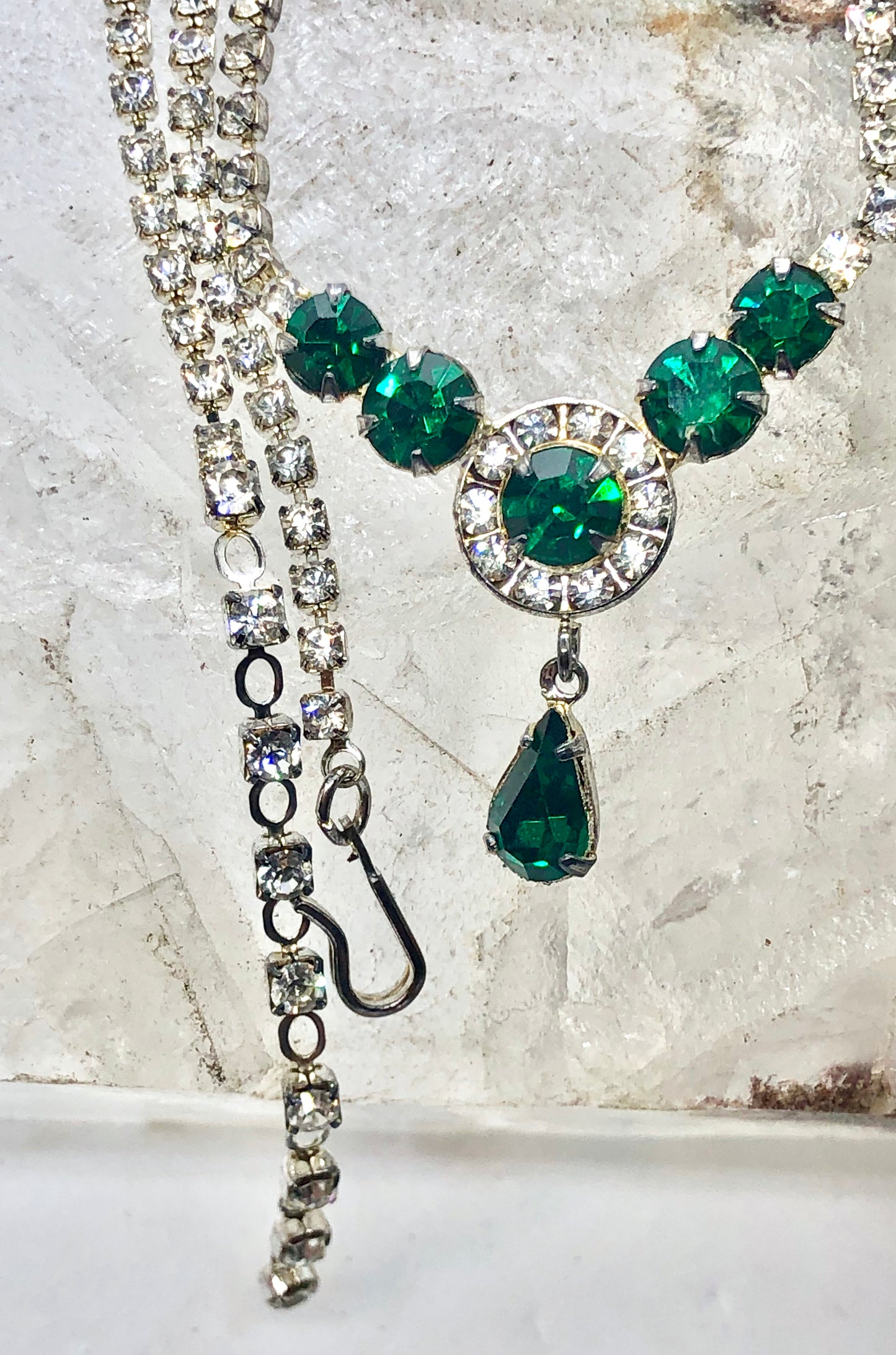 Vintage Emerald Green & Clear Rhinestone Drop Necklace