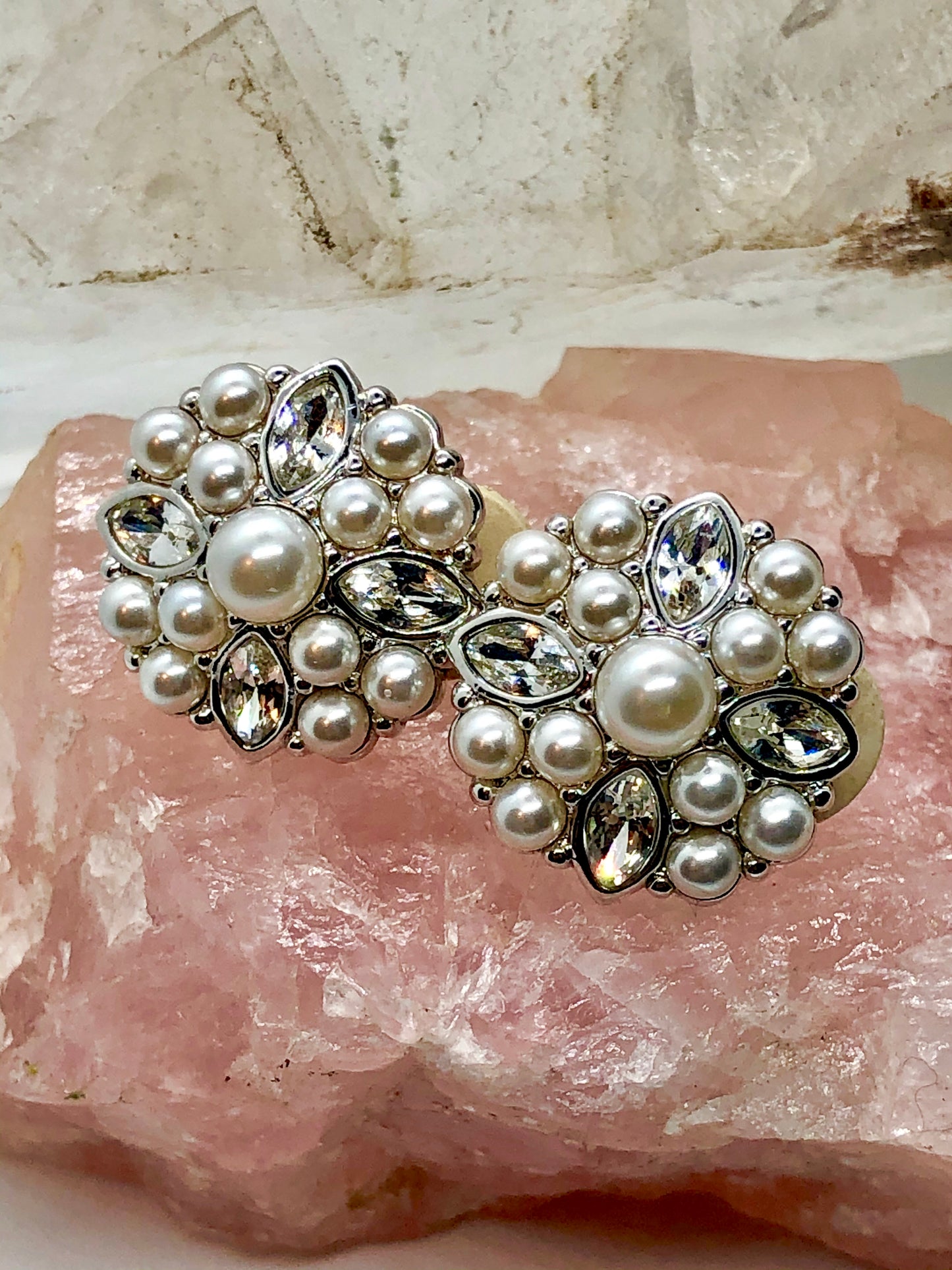 Swarovski Crystal & Pearl Signed Clip Earrings