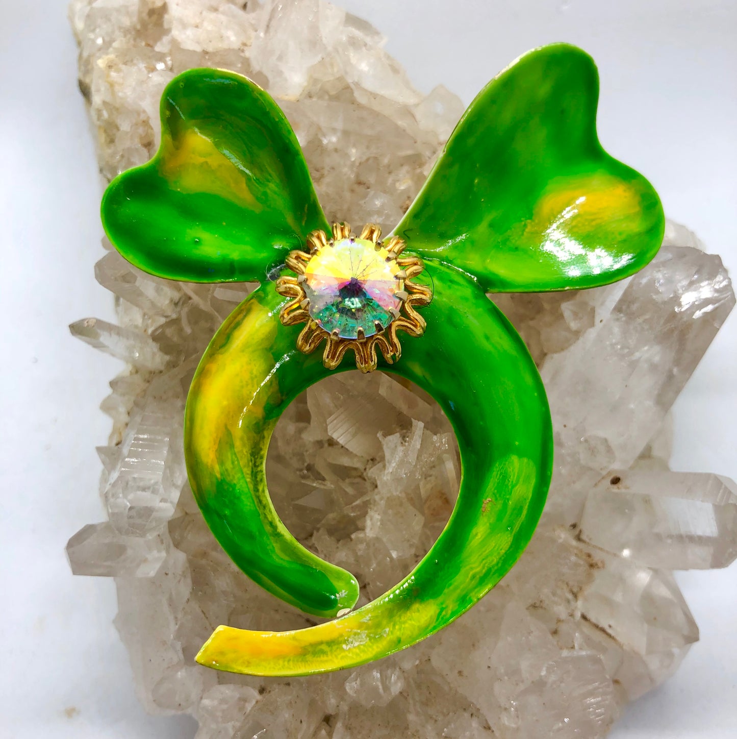 Vintage Signed Hattie Carnegie Large Retro Enamel & Rhinestone Bow Brooch