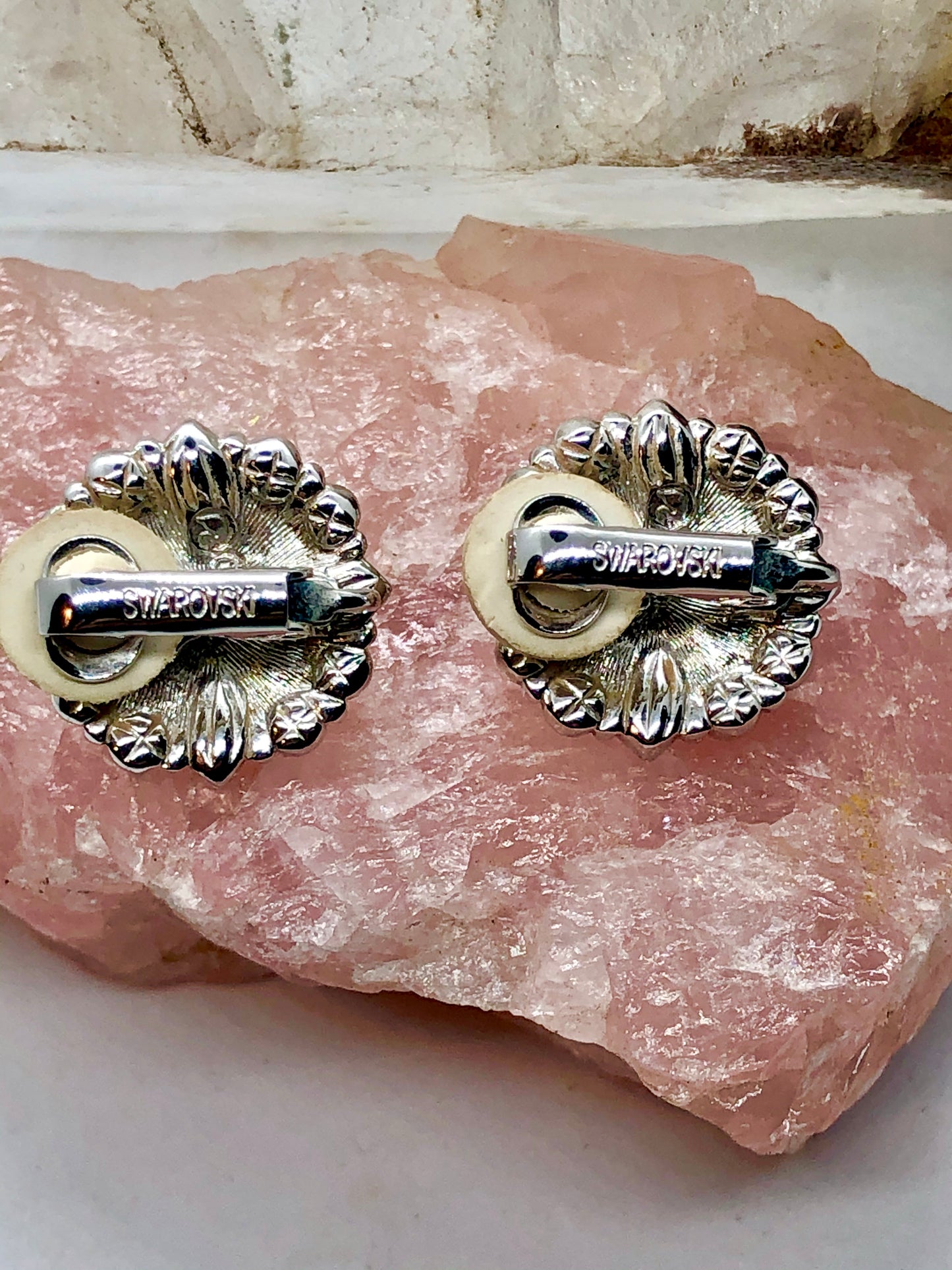 Swarovski Crystal & Pearl Signed Clip Earrings