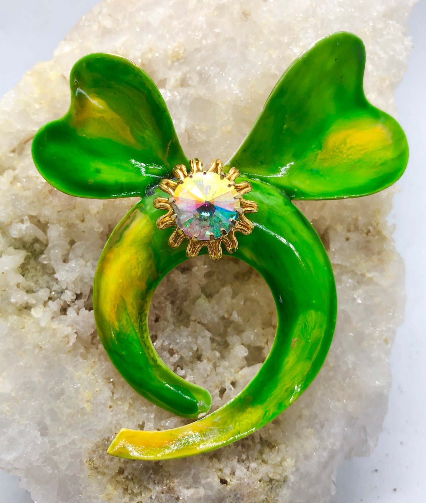 Vintage Signed Hattie Carnegie Large Retro Enamel & Rhinestone Bow Brooch