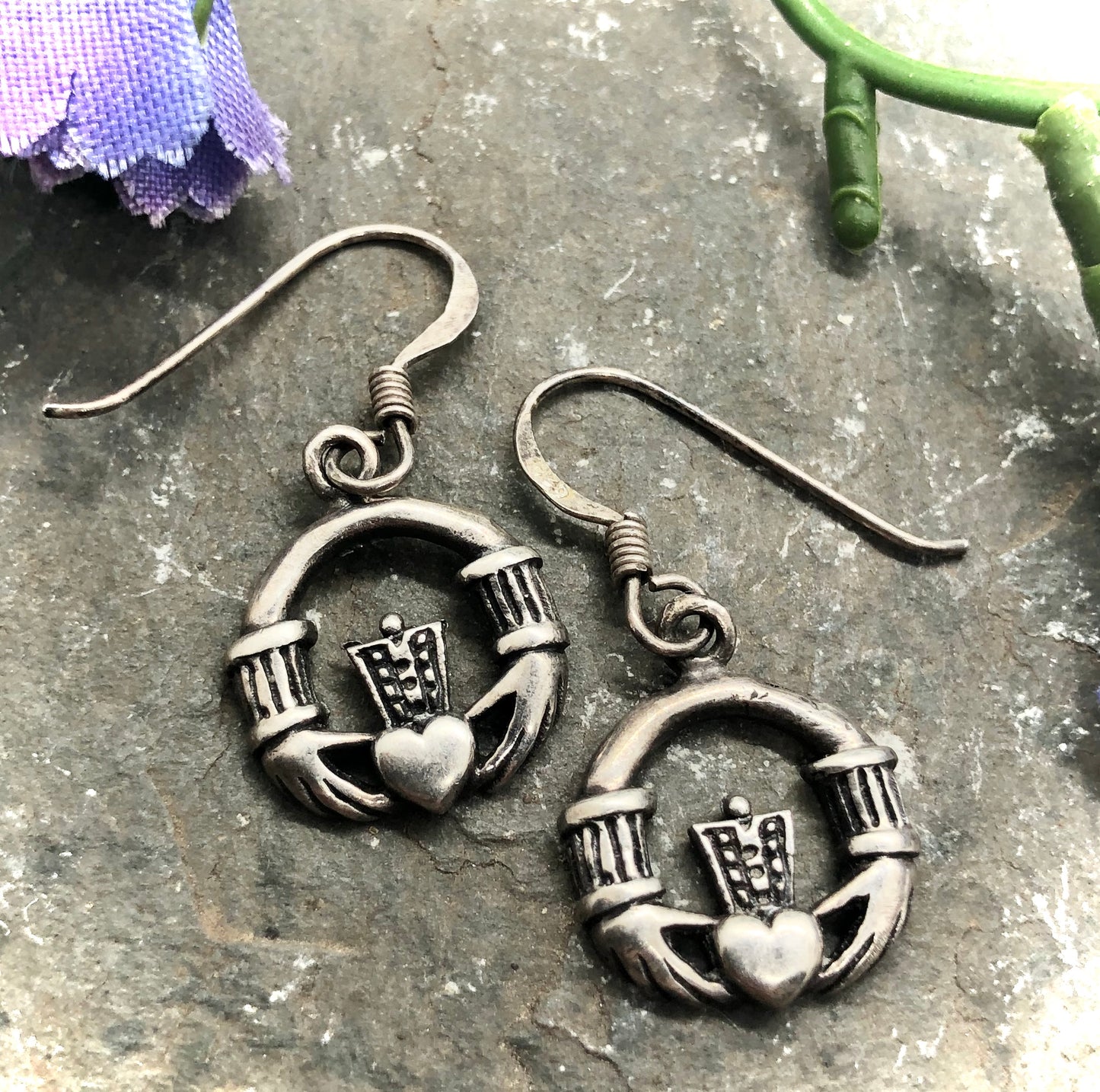 Vintage Claddagh Solid Sterling Silver Dangle Earrings Love Loyalty Friendship