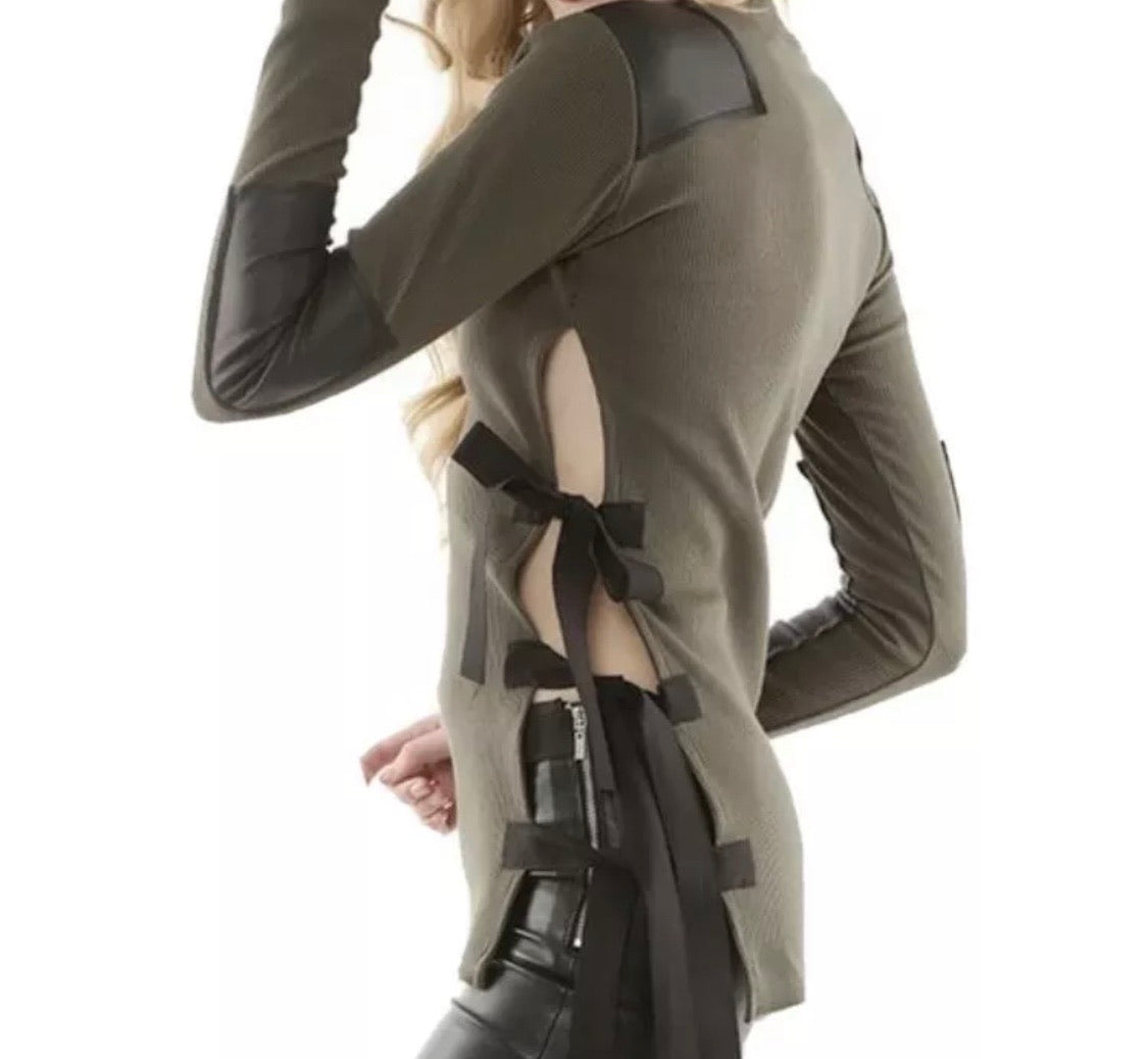 Bambina Mia Long Sleeve Turtle Neck Faux Leather Trim Side Slit Blouse