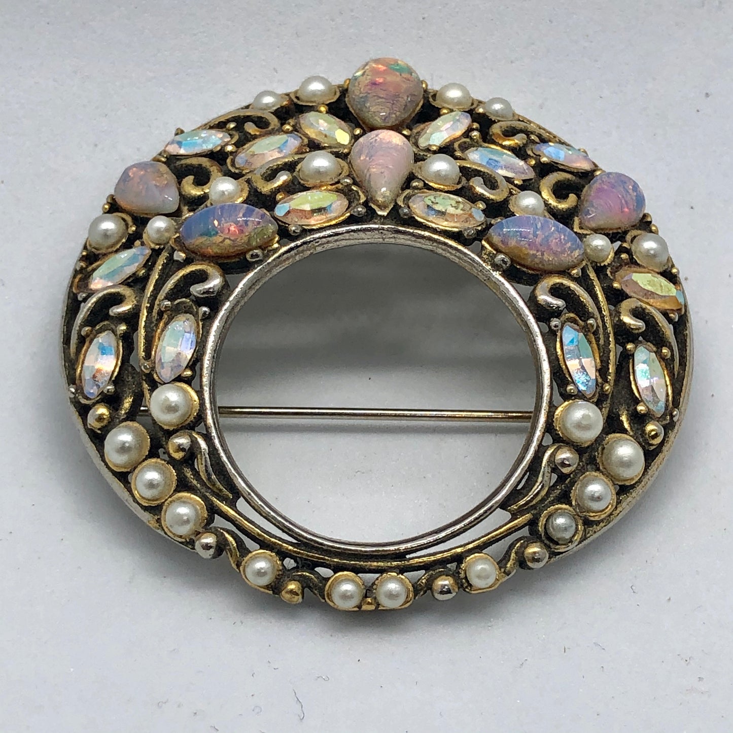 Vintage Signed Hollycraft Faux Pearl & Fire Opal Rhinestone Brooch Pin
