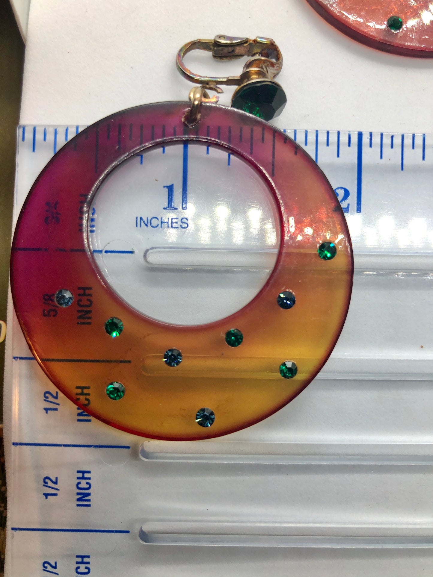 Retro Lucite & Rhinestone Hoop Clip Earrings