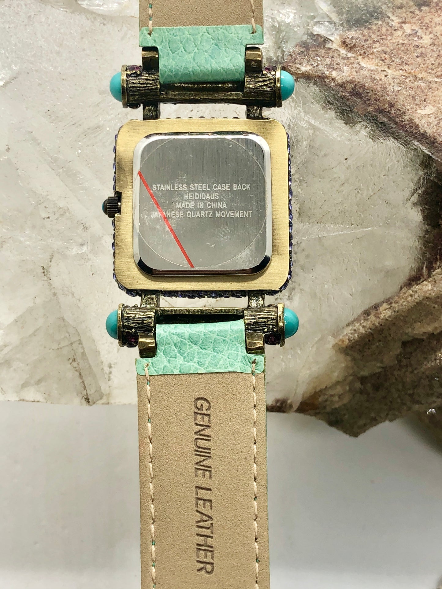 Vintage Heidi Daus Square Crystal Watch Face Turquoise Green Leather Band