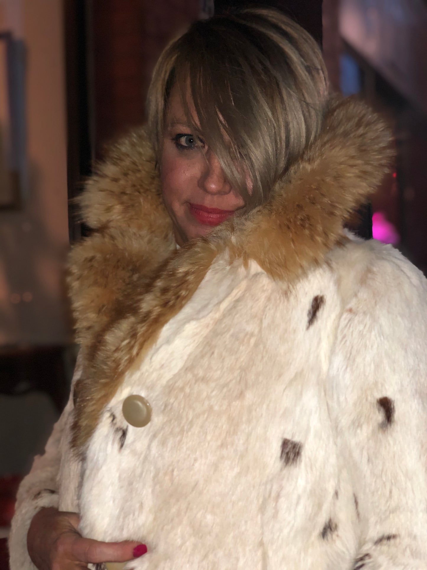 Vintage Spotted Lynx Fur Coat with Fox Fur Collar