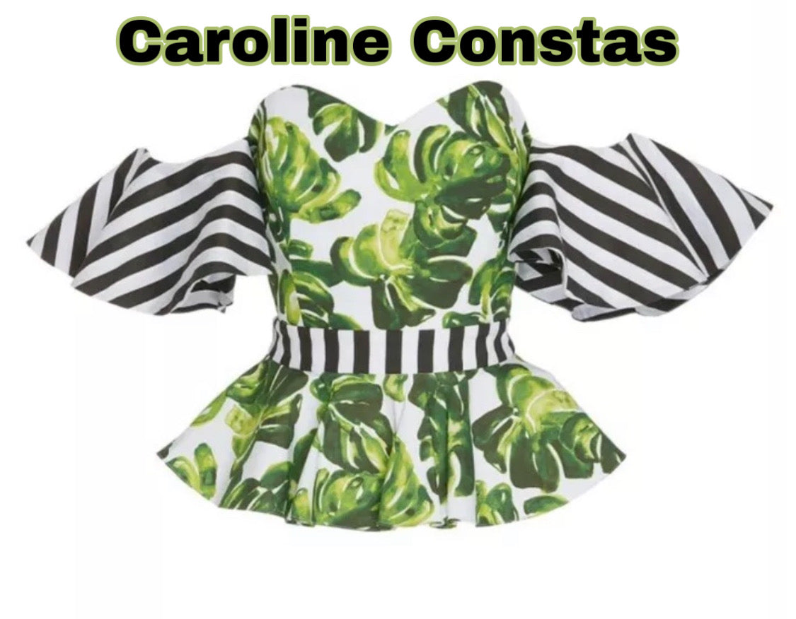 NWT Caroline Constas Off The Shoulder Palm Stripe Combo Blouse