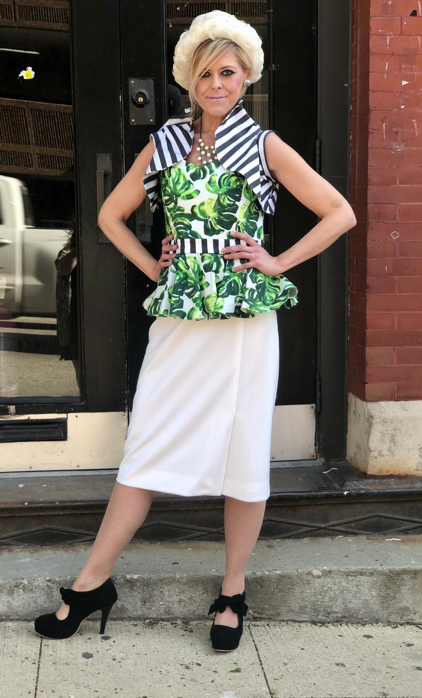 NWT Caroline Constas Off The Shoulder Palm Stripe Combo Blouse