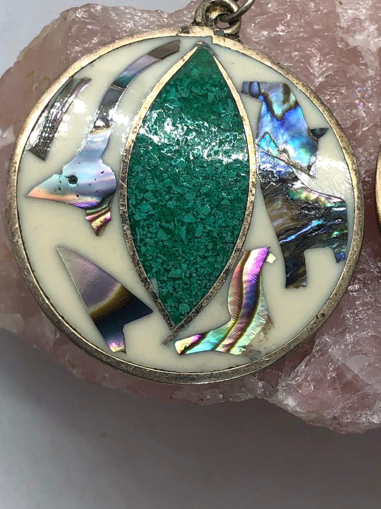 Vintage Silver Malachite & Abalone Mexico Inlaid Round Dangle Earrings