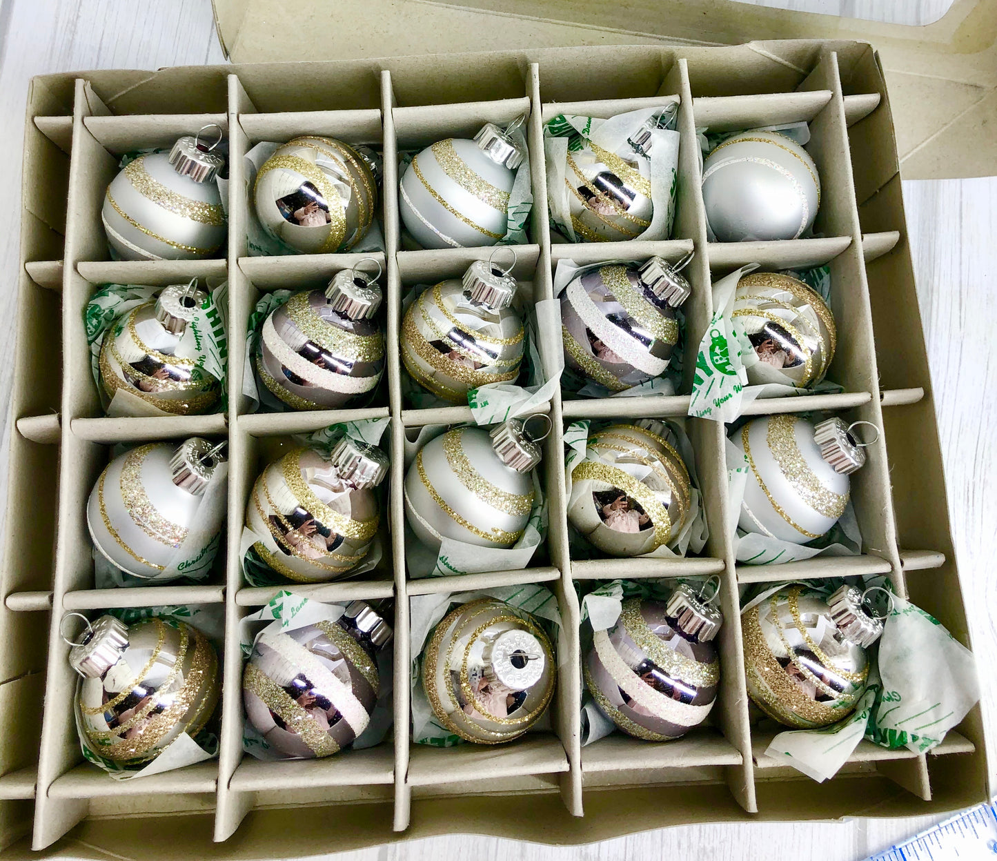 20 Christopher Radko Shiny Brite Nostalgic Silver Gold White Glass Ornaments Set
