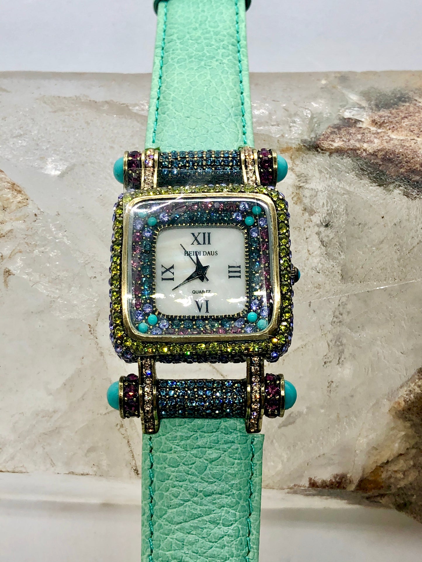 Vintage Heidi Daus Square Crystal Watch Face Turquoise Green Leather Band