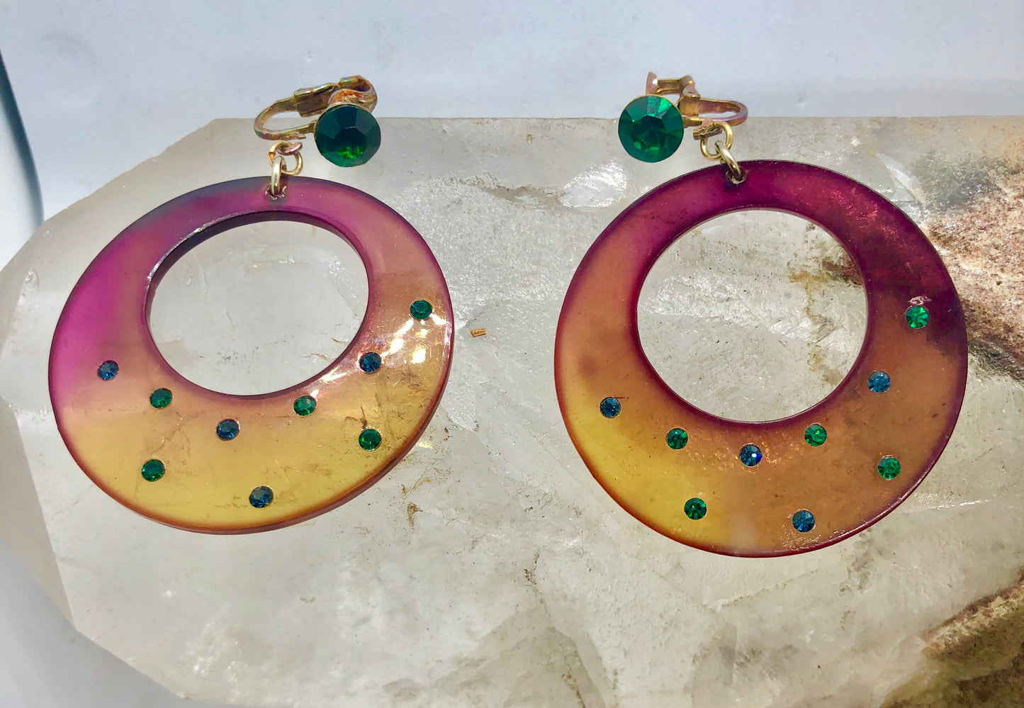 Retro Lucite & Rhinestone Hoop Clip Earrings