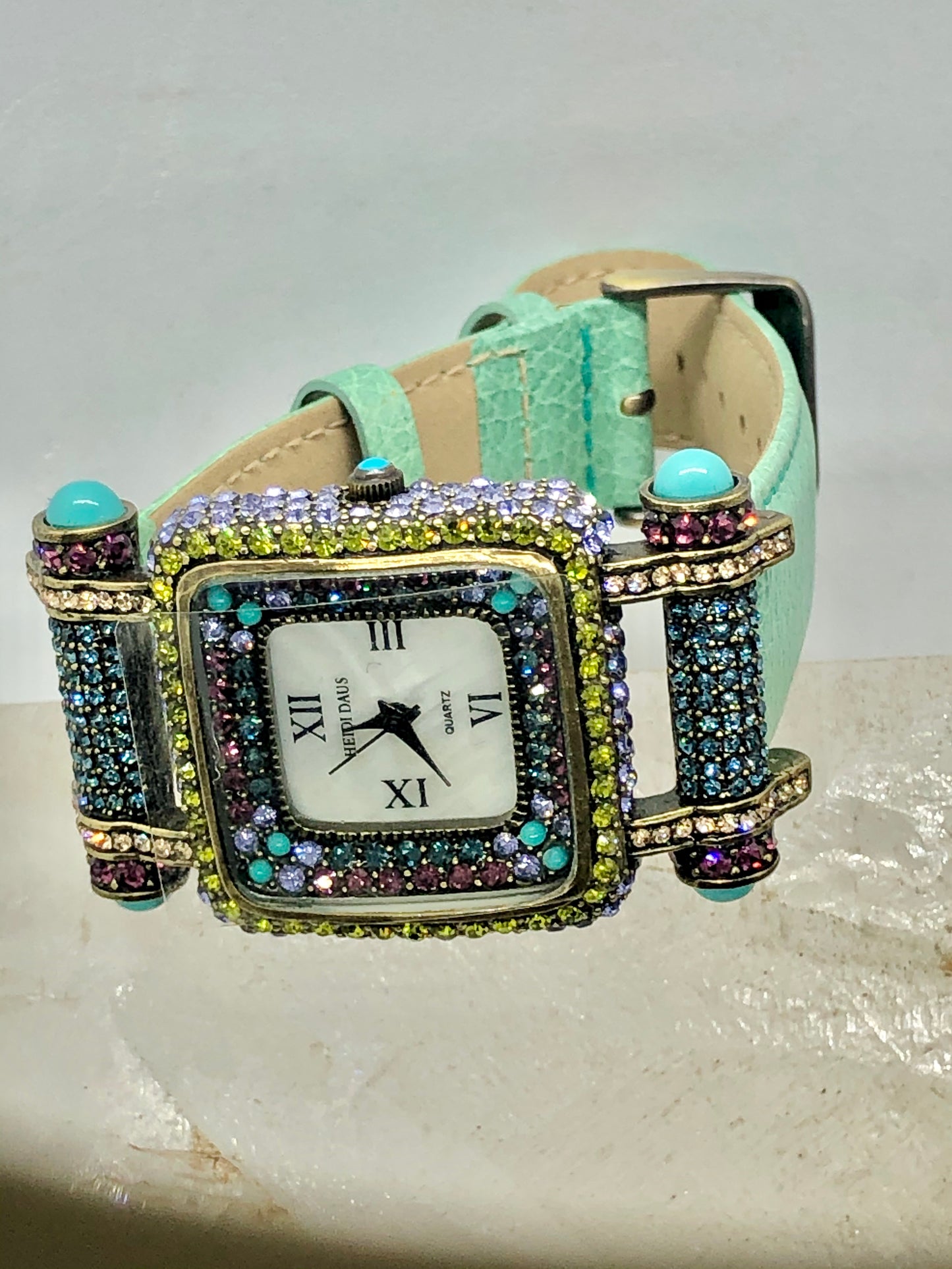 Vintage Heidi Daus Square Crystal Watch Face Turquoise Green Leather Band