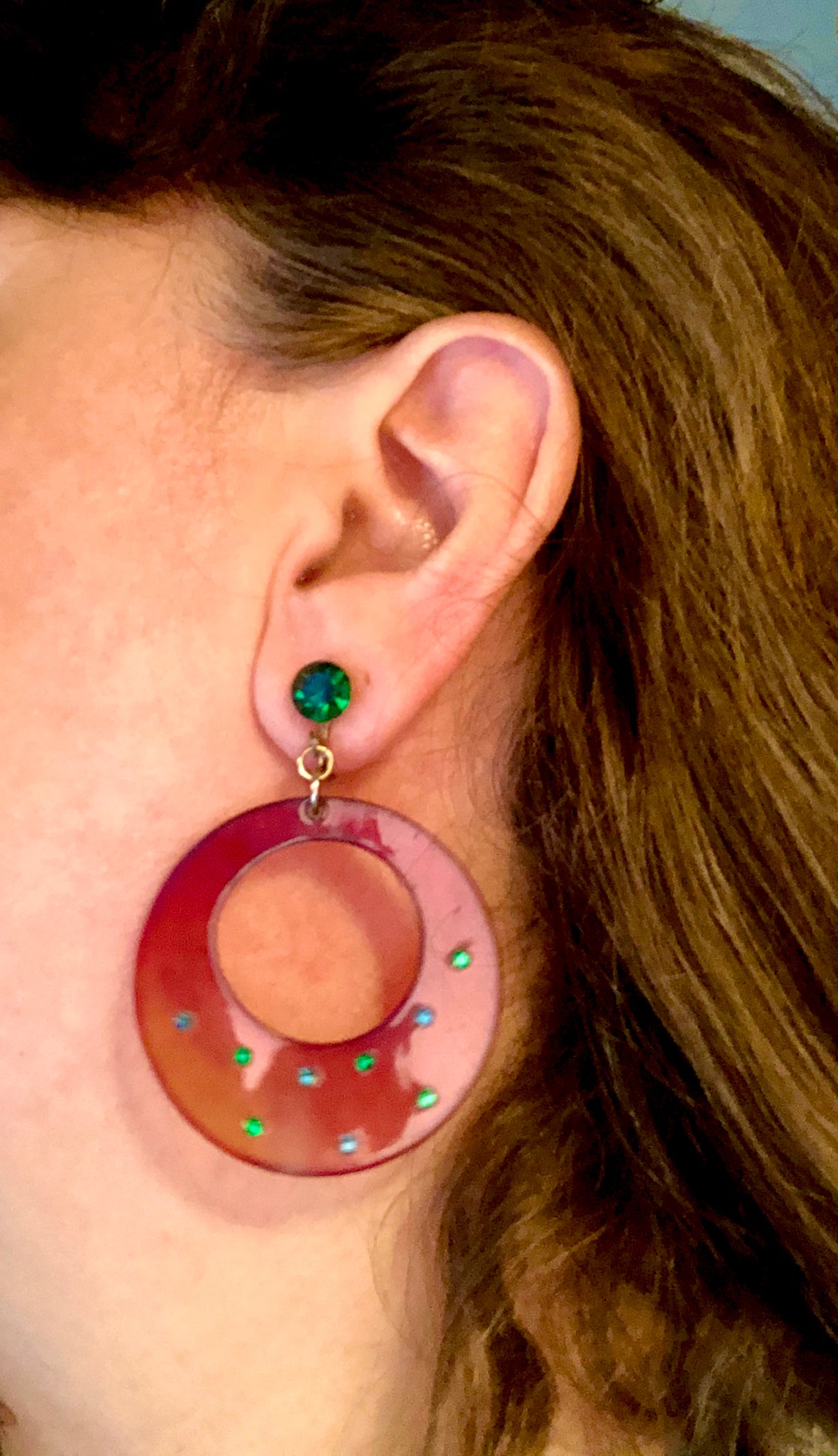 Retro Lucite & Rhinestone Hoop Clip Earrings