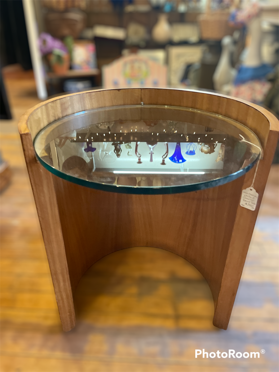 Mid Century Walnut Glasstop Barrel Table Whatnots & Whimsies