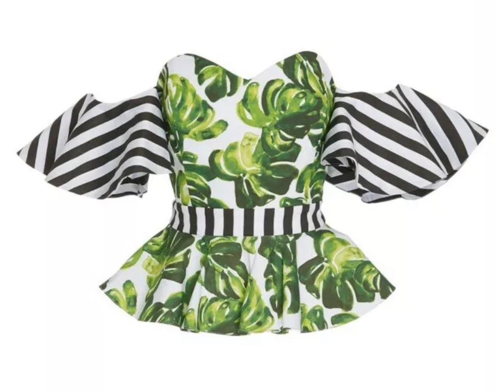 NWT Caroline Constas Off The Shoulder Palm Stripe Combo Blouse