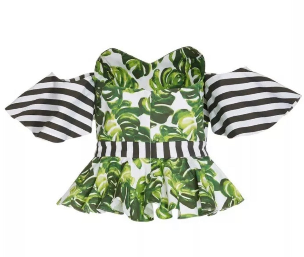NWT Caroline Constas Off The Shoulder Palm Stripe Combo Blouse