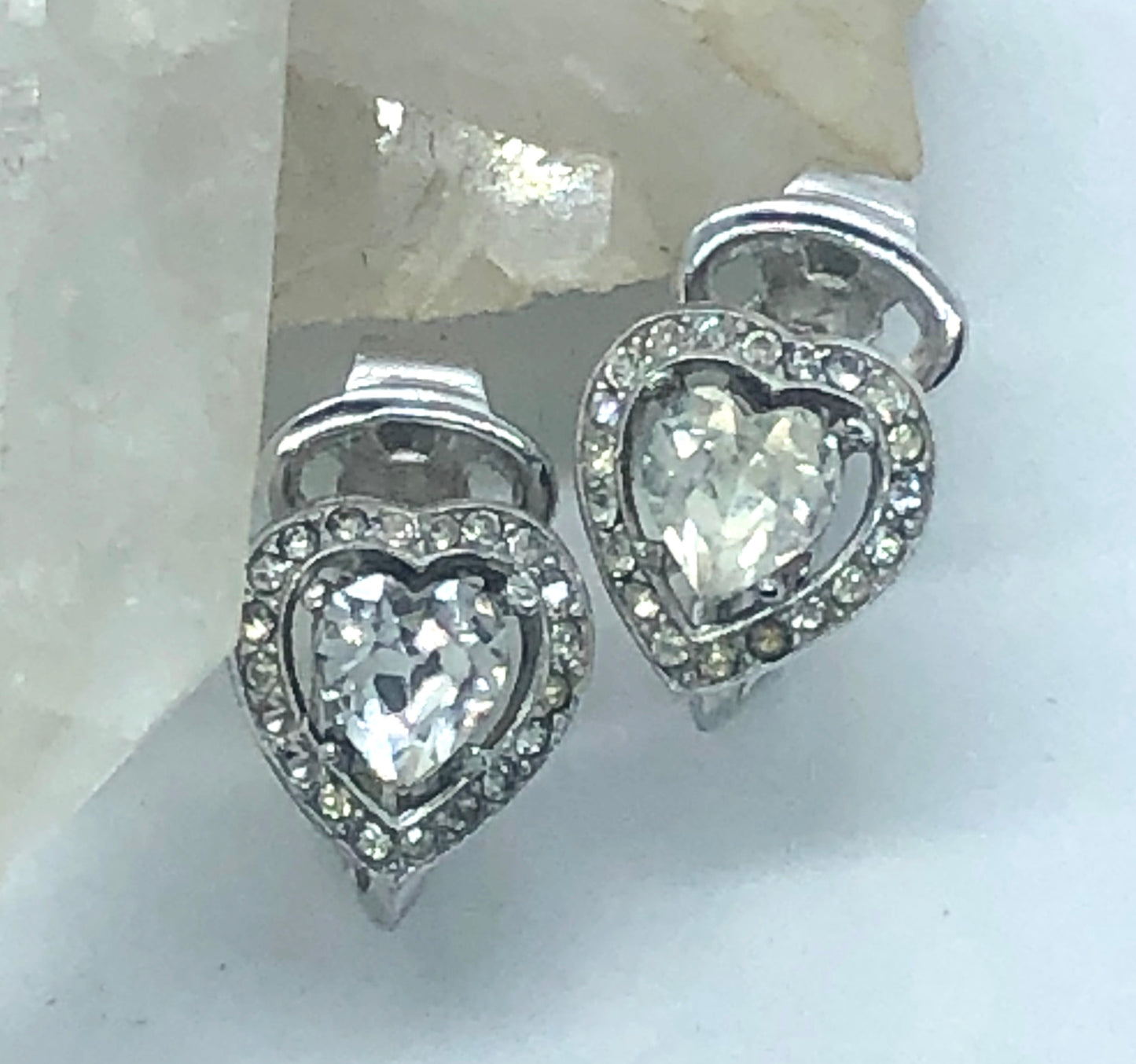 Vintage Crown Trifari Rhinestone Heart Clip Earrings
