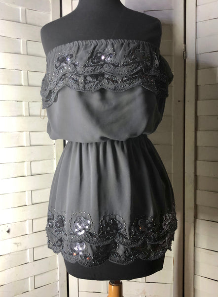 Forever 21 Strapless Gray Chiffon Beaded & Sequins Blouse Size Medium