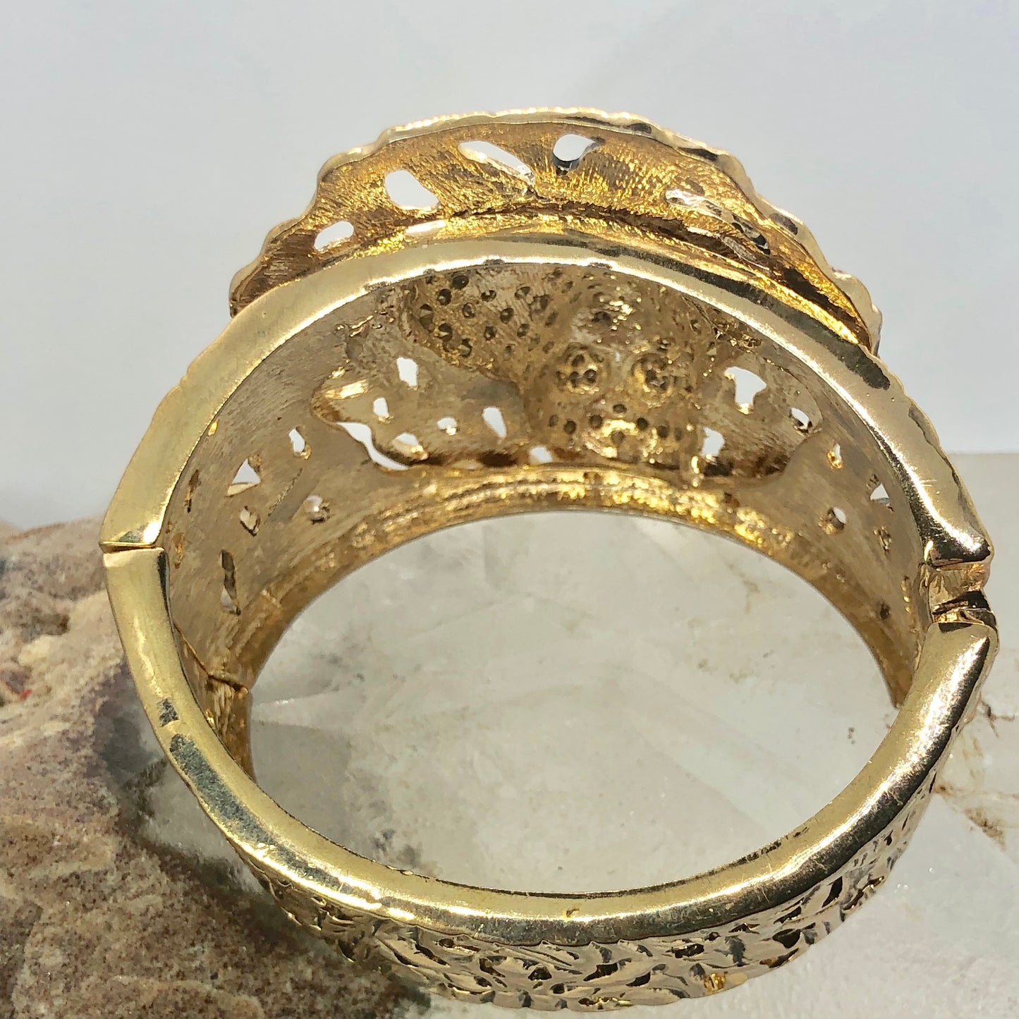 Vintage Rhinestone Lion Gold Tone Hinged Clamper Bracelet