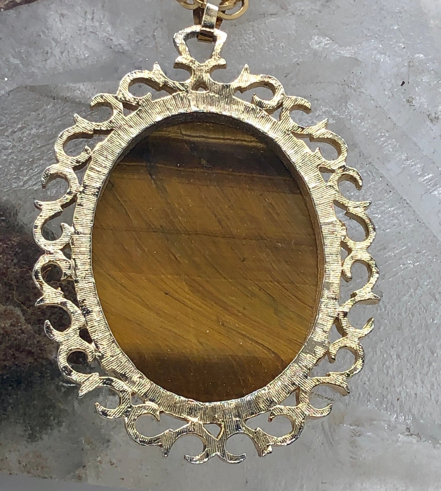 Tiger Eye Cameo Medallion Gold Tone Necklace & Earring Set