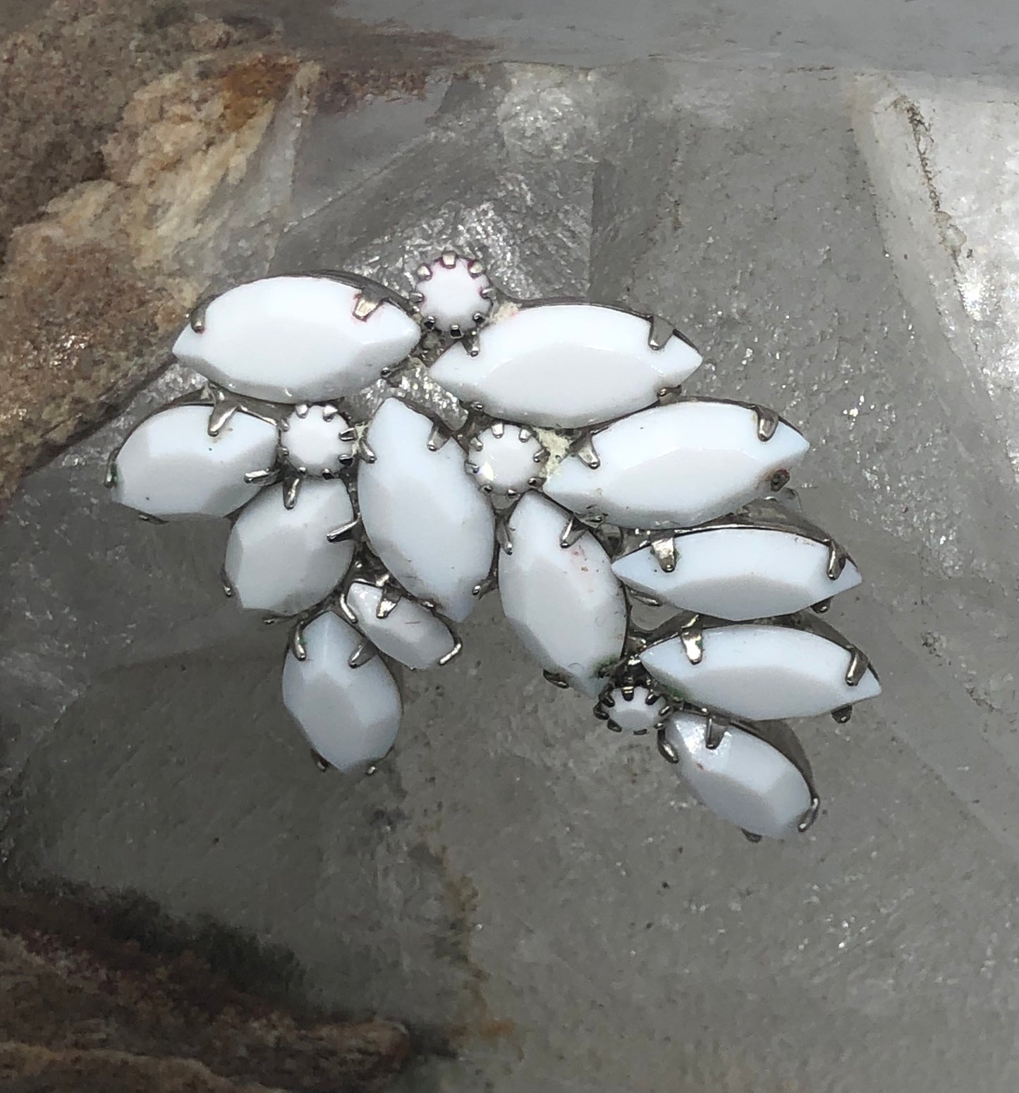 Vintage Marquis Cut White Milk Glass Spray Brooch