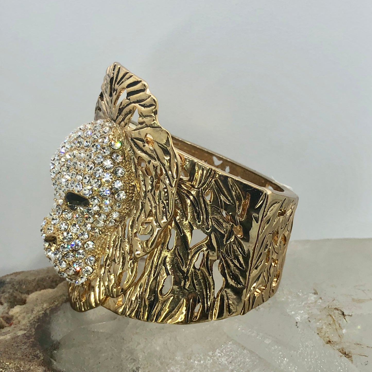 Vintage Rhinestone Lion Gold Tone Hinged Clamper Bracelet