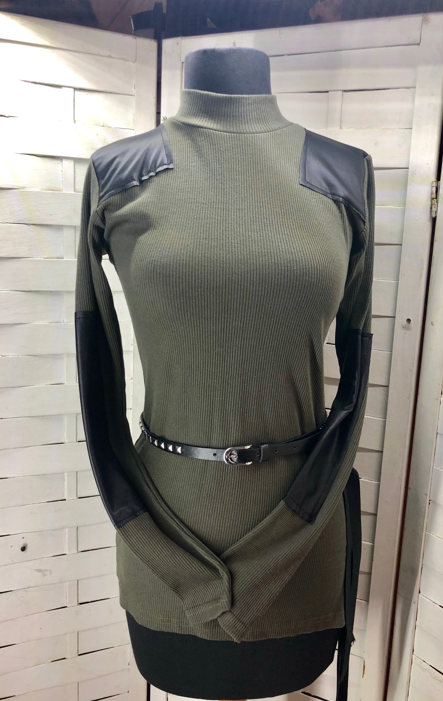 Bambina Mia Long Sleeve Turtle Neck Faux Leather Trim Side Slit Blouse