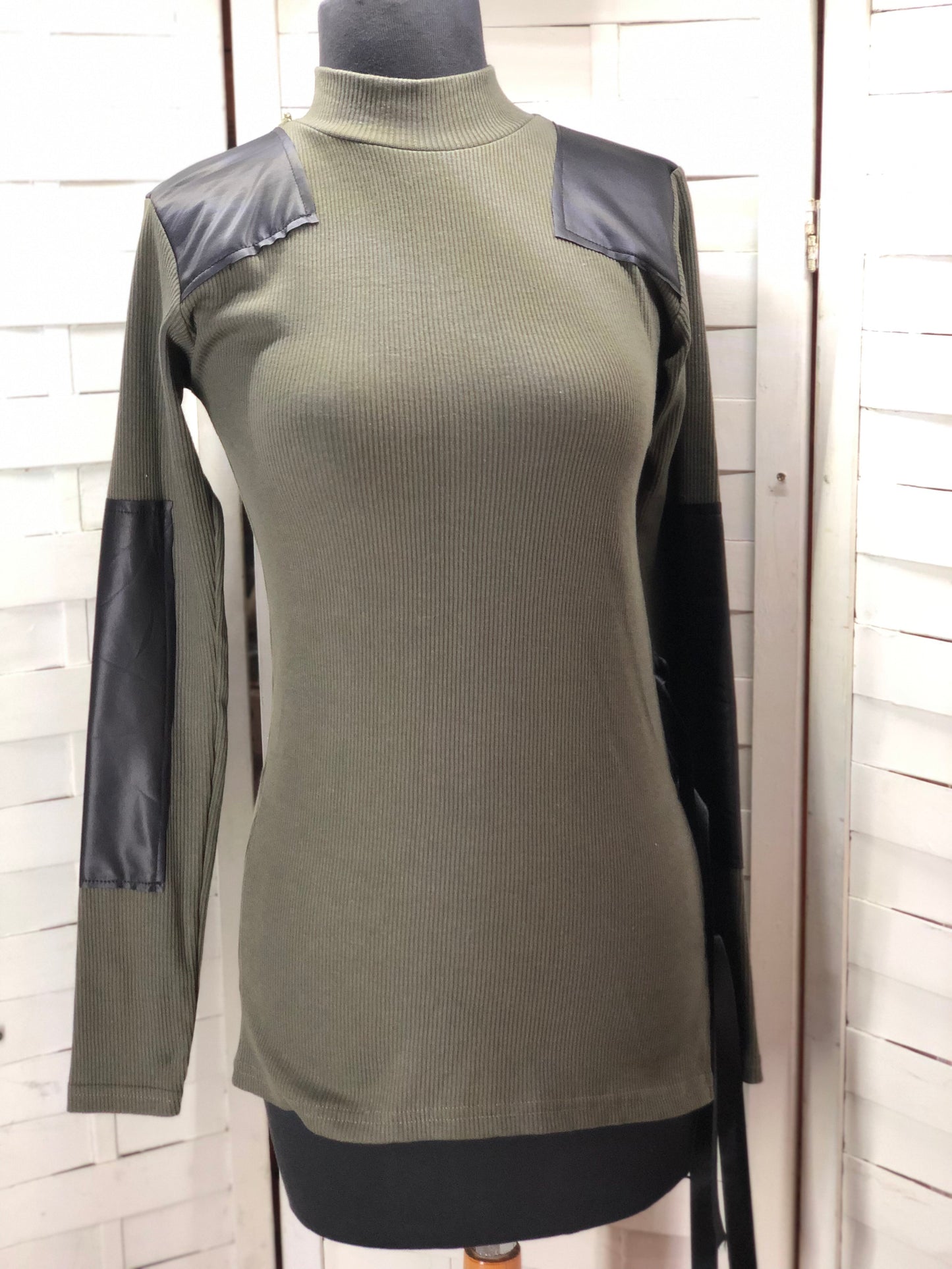 Bambina Mia Long Sleeve Turtle Neck Faux Leather Trim Side Slit Blouse