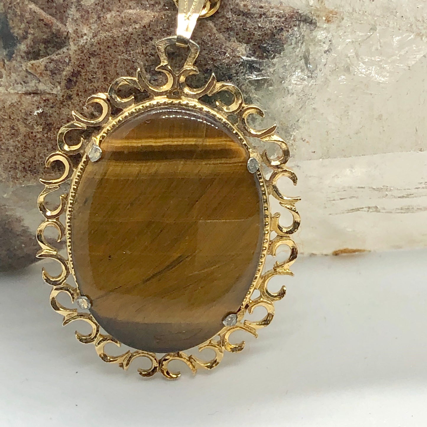 Tiger Eye Cameo Medallion Gold Tone Necklace & Earring Set