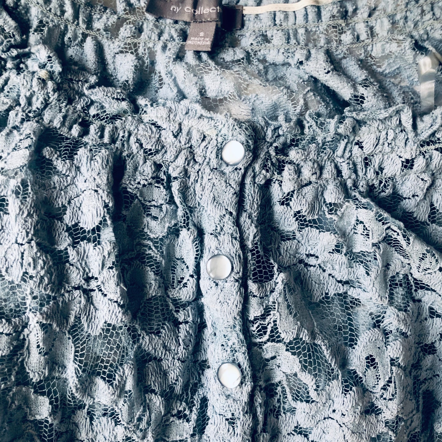 NY Collection Powder Blue Short Sleeve Ruffle Lace Blouse Size S