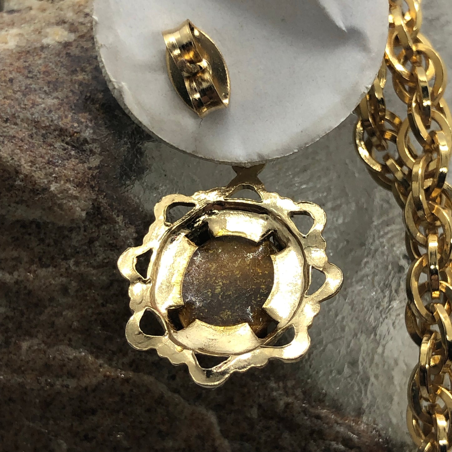 Tiger Eye Cameo Medallion Gold Tone Necklace & Earring Set