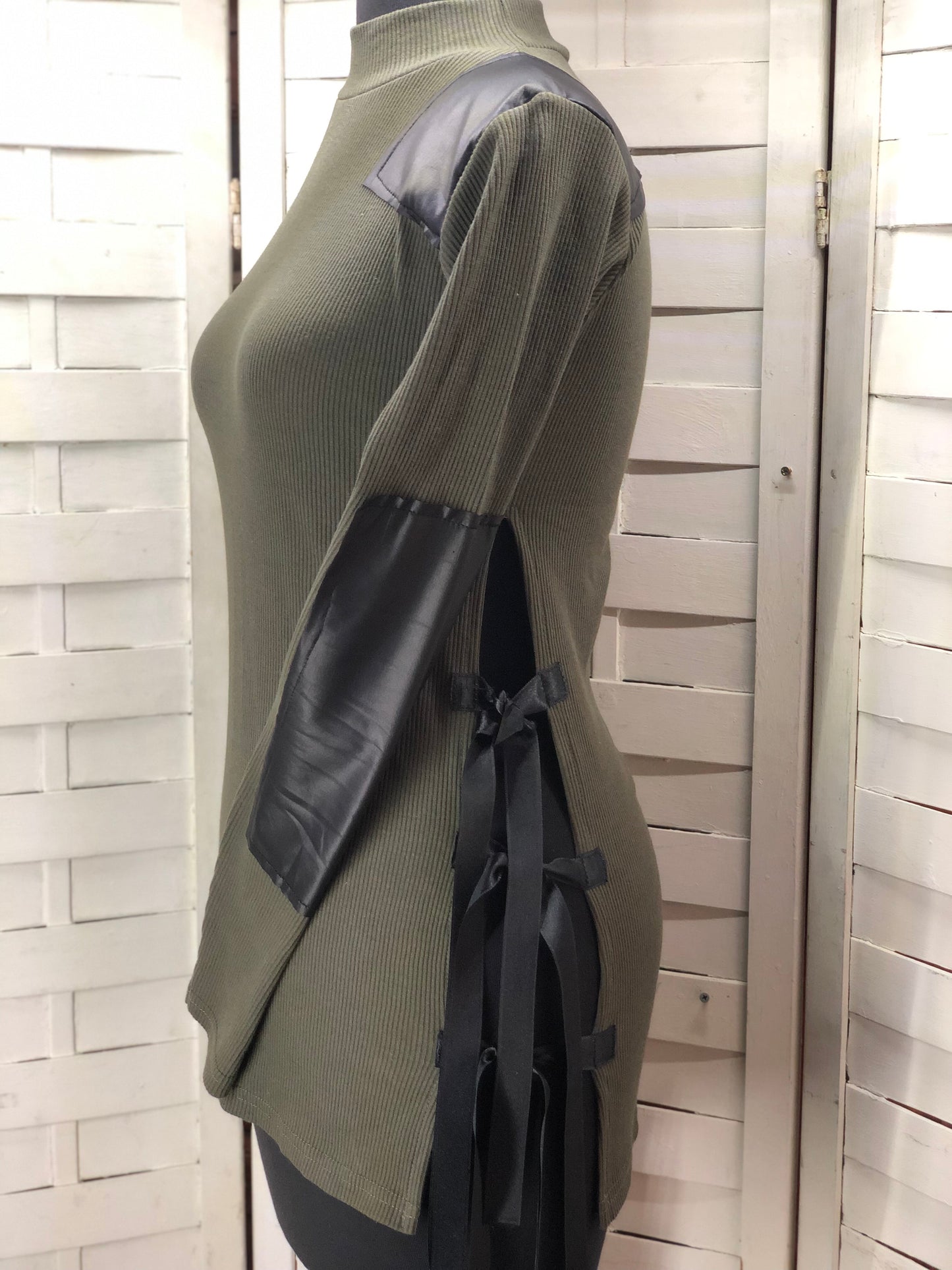 Bambina Mia Long Sleeve Turtle Neck Faux Leather Trim Side Slit Blouse