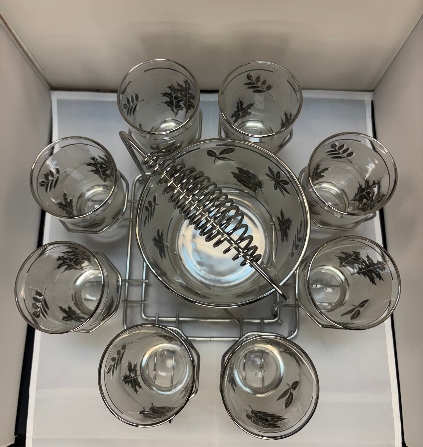 1960’s 10pc Mid-Century Modern Libbey Starlyte Frosted Silver Leaf Tumbler Glasses, Ice Bucket and Caddy