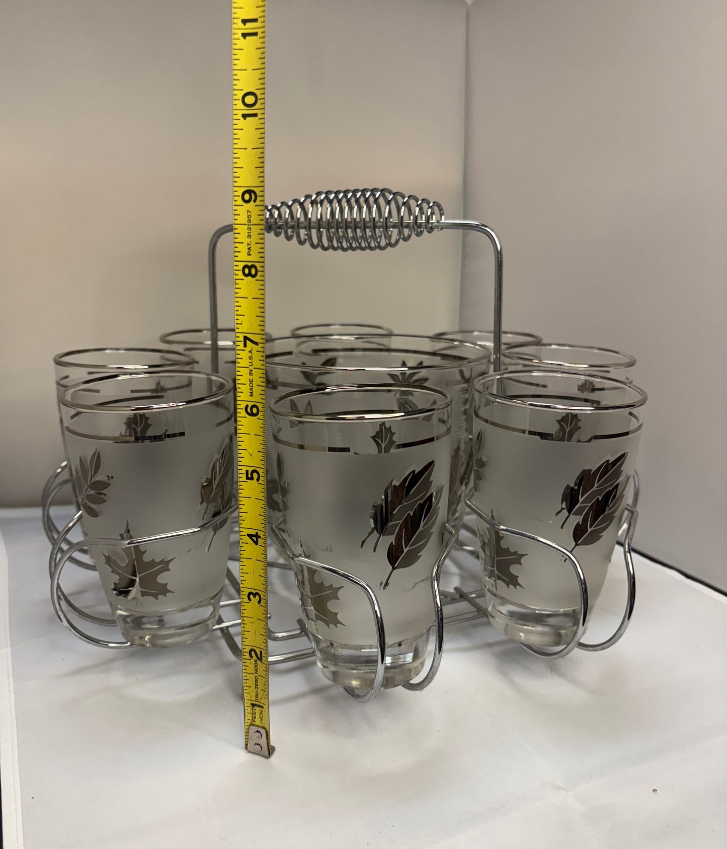 1960’s 10pc Mid-Century Modern Libbey Starlyte Frosted Silver Leaf Tumbler Glasses, Ice Bucket and Caddy