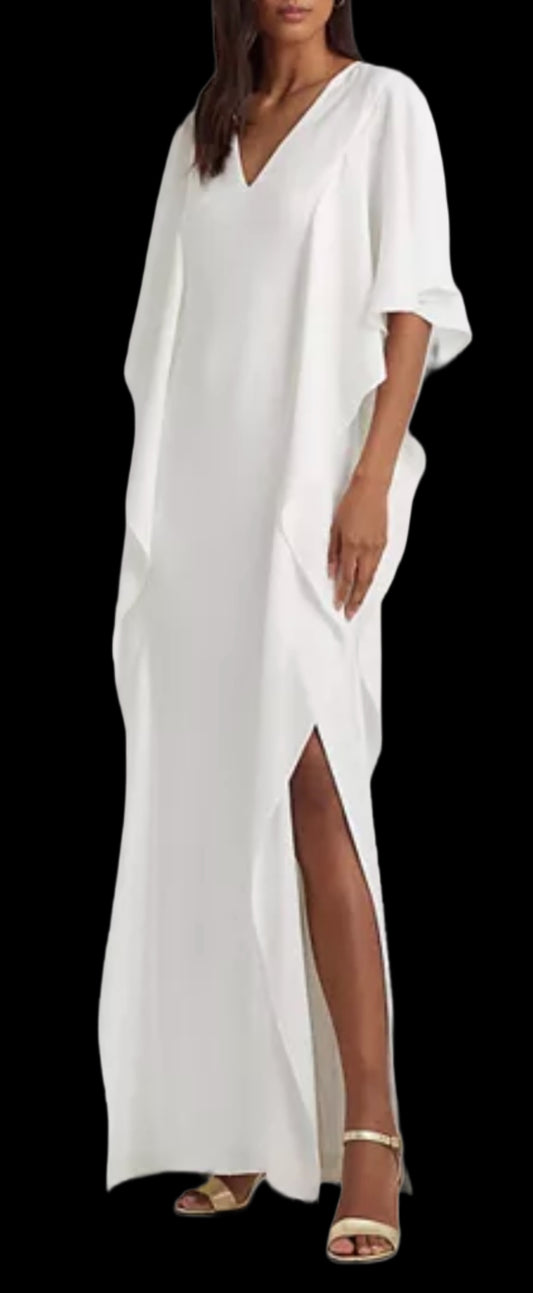 Lauren Ralph Lauren Georgette Caftan Gown White V-Neck Size 16 NWT Beach Wedding Dress