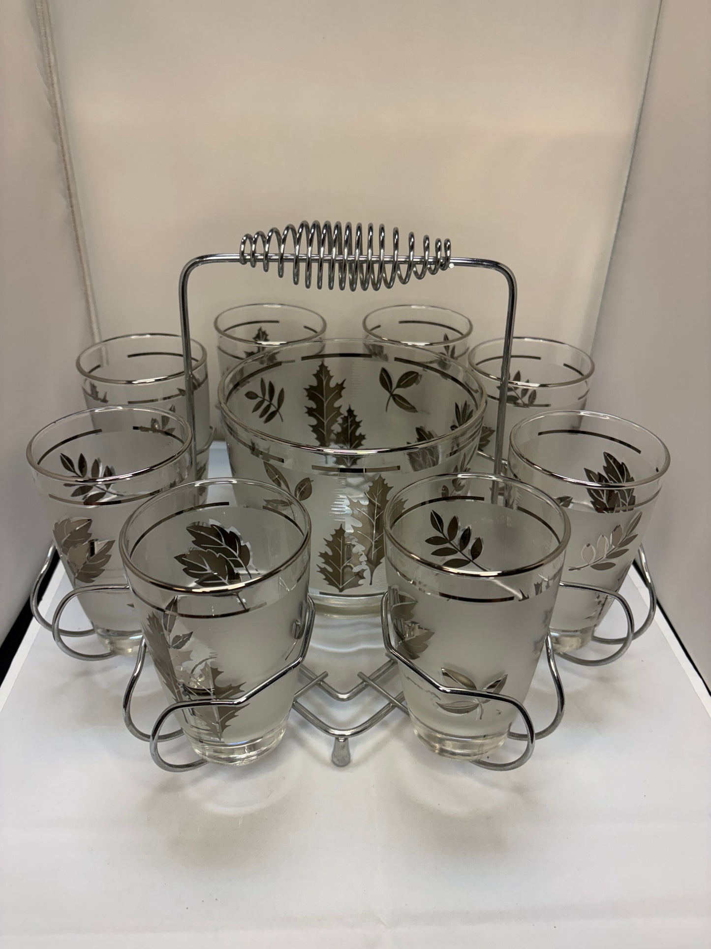 1960’s 10pc Mid-Century Modern Libbey Starlyte Frosted Silver Leaf Tumbler Glasses, Ice Bucket and Caddy