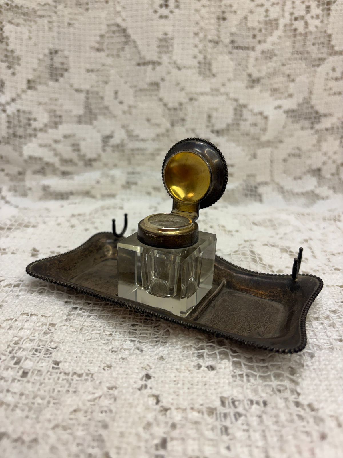Antique Sterling Silver Inkwell & Pen rest