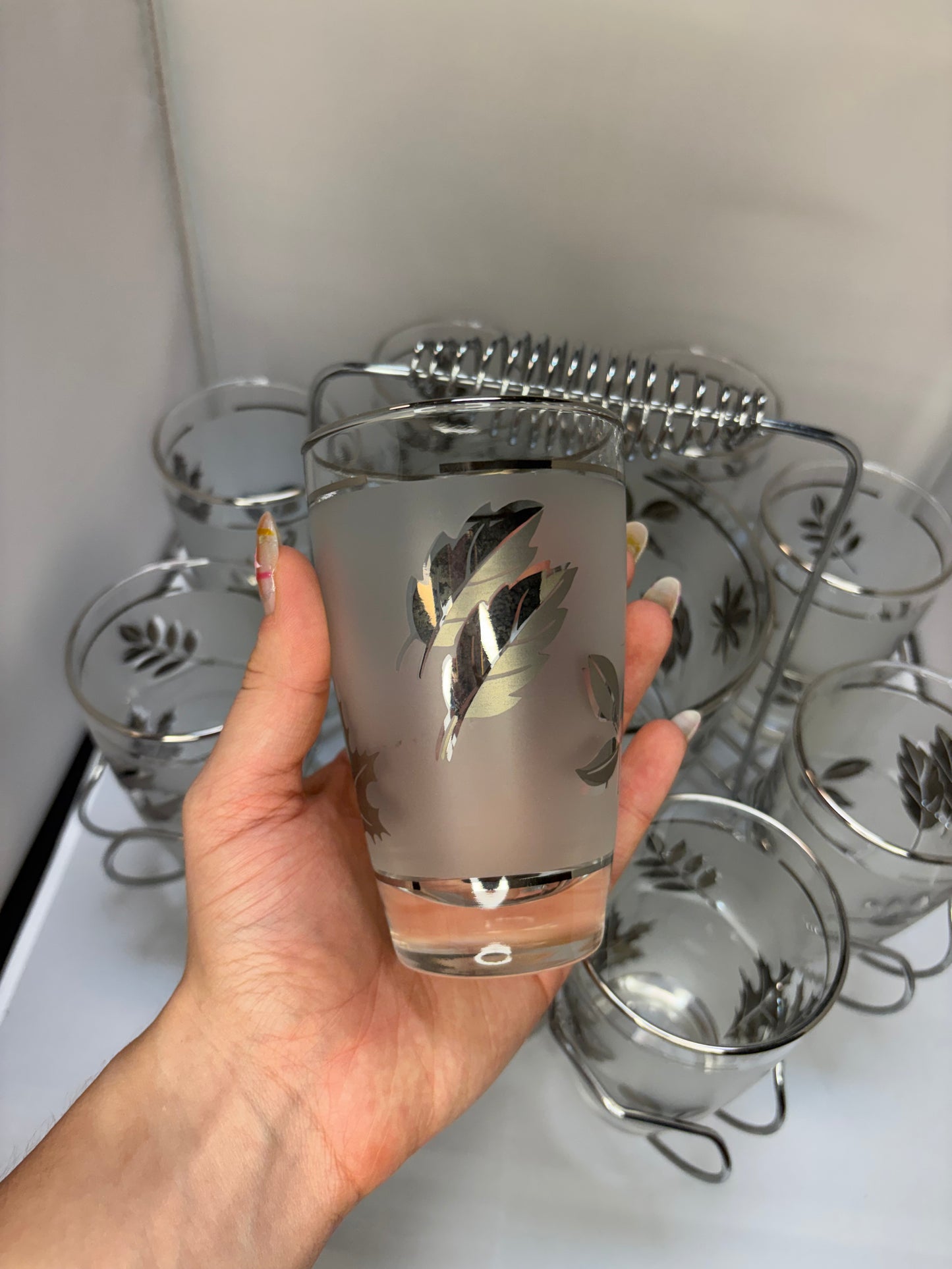 1960’s 10pc Mid-Century Modern Libbey Starlyte Frosted Silver Leaf Tumbler Glasses, Ice Bucket and Caddy