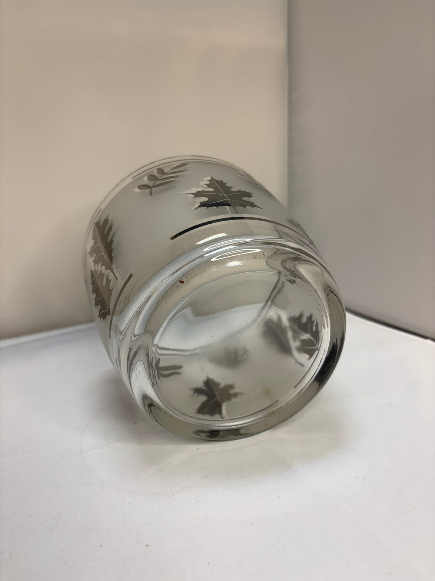 1960’s 10pc Mid-Century Modern Libbey Starlyte Frosted Silver Leaf Tumbler Glasses, Ice Bucket and Caddy