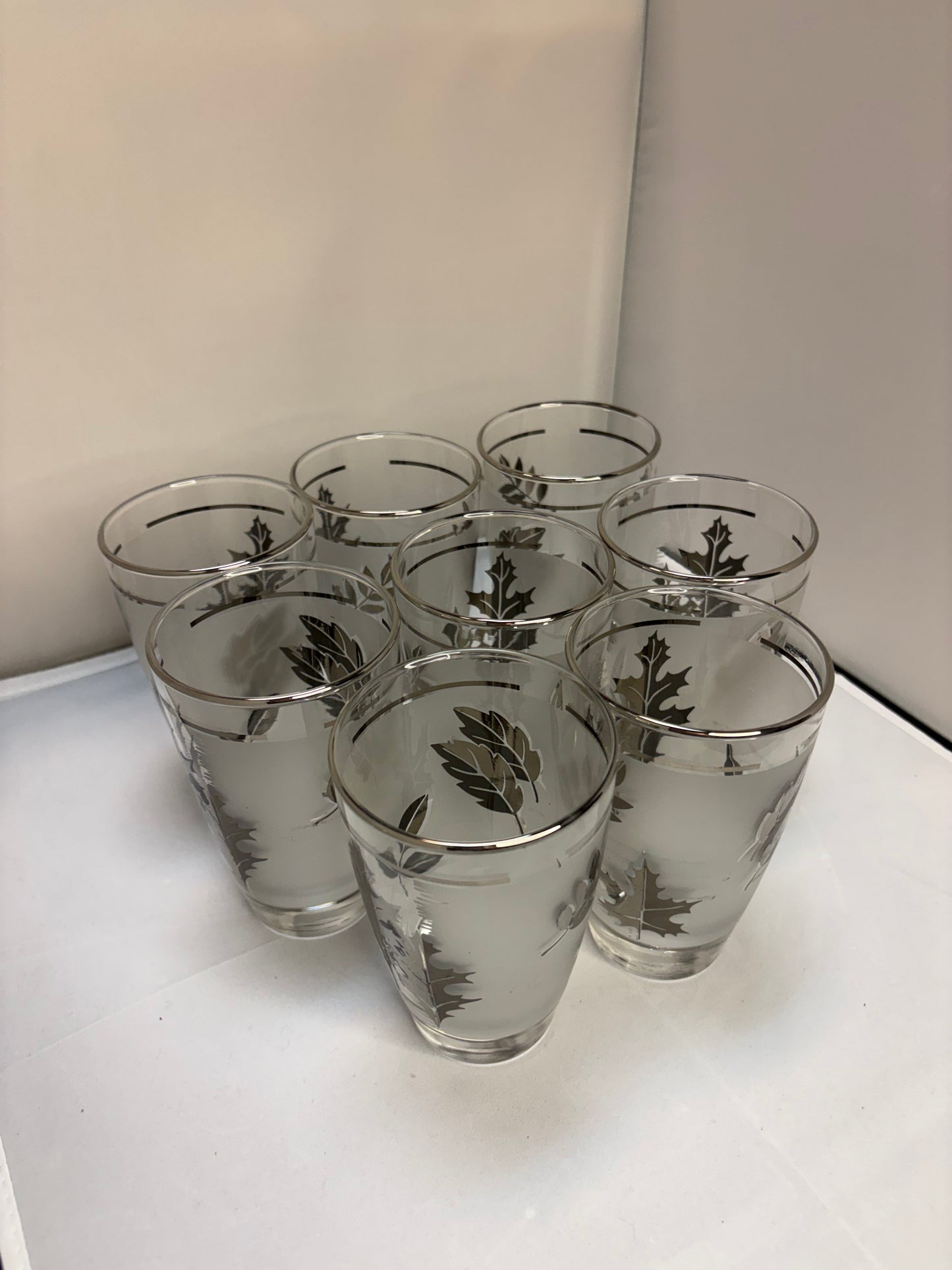 1960’s 10pc Mid-Century Modern Libbey Starlyte Frosted Silver Leaf Tumbler Glasses, Ice Bucket and Caddy