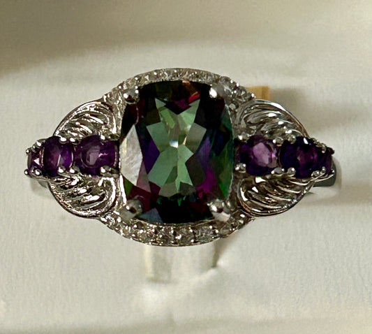 Mystic Topaz & Amethyst Sterling Silver Ring Size 10