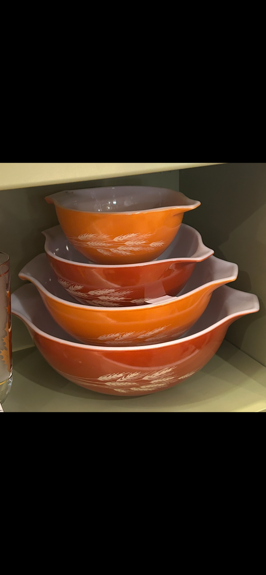 Vintage Pyrex Autumn Harvest Wheat Nesting Cinderella Mixing Bowls Set of 4