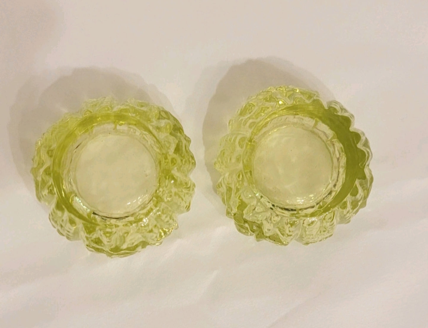 Vintage Set Of Two Vaseline Uranium Glass Rose Pattern Salt Cellars